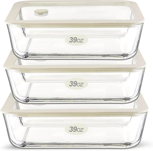 Urban Green Glass Food Container Set with Glass Lid, 3 Pack, Food Storage Containers Set, Airtight, LeakProof, 100% Plastic Free, Meal Prep Containers (White Color)