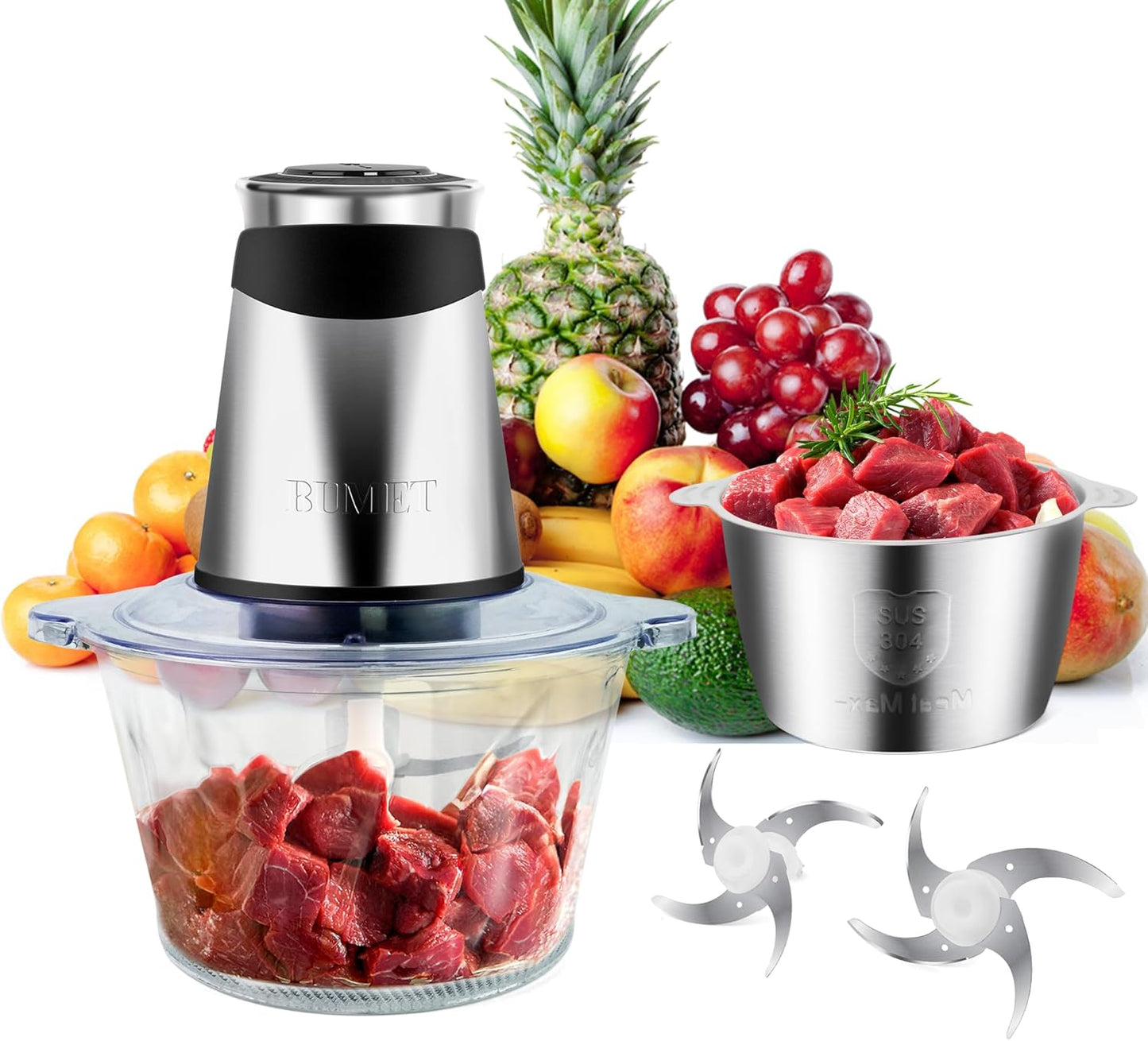 Electric food processor vegetable chopper 500W 2x8cup bowls 2 bi-layer 4 blades Small Food chopper Electric Meat grinder for home use,Mincing, and Puree for kitchen aid, baby foot, pet food by BUMET