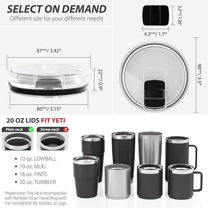 Tumbler Lid for 20oz YETI Tumbler, Replacement Tumbler Lids, Coffee Cup Covers with Magnetic Slider for Gift, BPA Free (2 pieces)