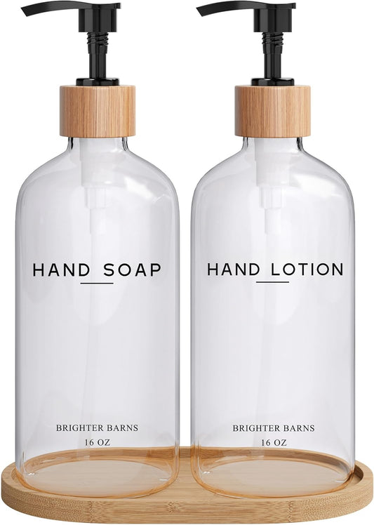 Clear Glass Soap and Lotion Dispenser Set with Tray by Brighter Barns - Hand Soap Dispenser Bathroom Set - Liquid Soap Dispenser and BPA-Free Pump - Neutral Home Decor & Modern Bathroom Accessories