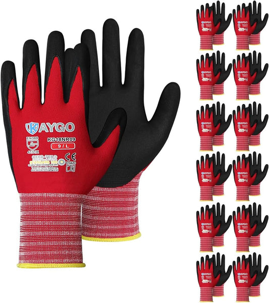 KAYGO Safety Work Gloves MicroFoam Nitrile Coated, 12 Pairs KG18NB,Seamless Knit Nylon Glove for Men and Women, Ideal for Automotive,Warehouse,Construction (L, Purple)