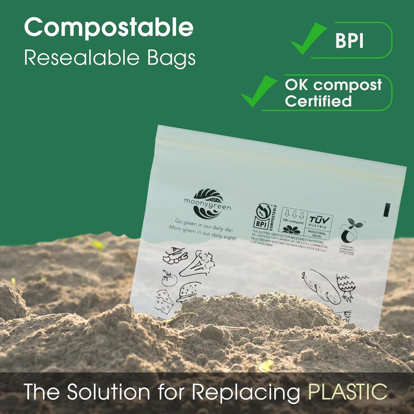 Compostable Food Storage Bags, Resealable Sandwich Bags, 50 Count, 6.7 x 6.8 inches, Extra Thick, Certified US BPI ASTM D6400 Europe OK Compost