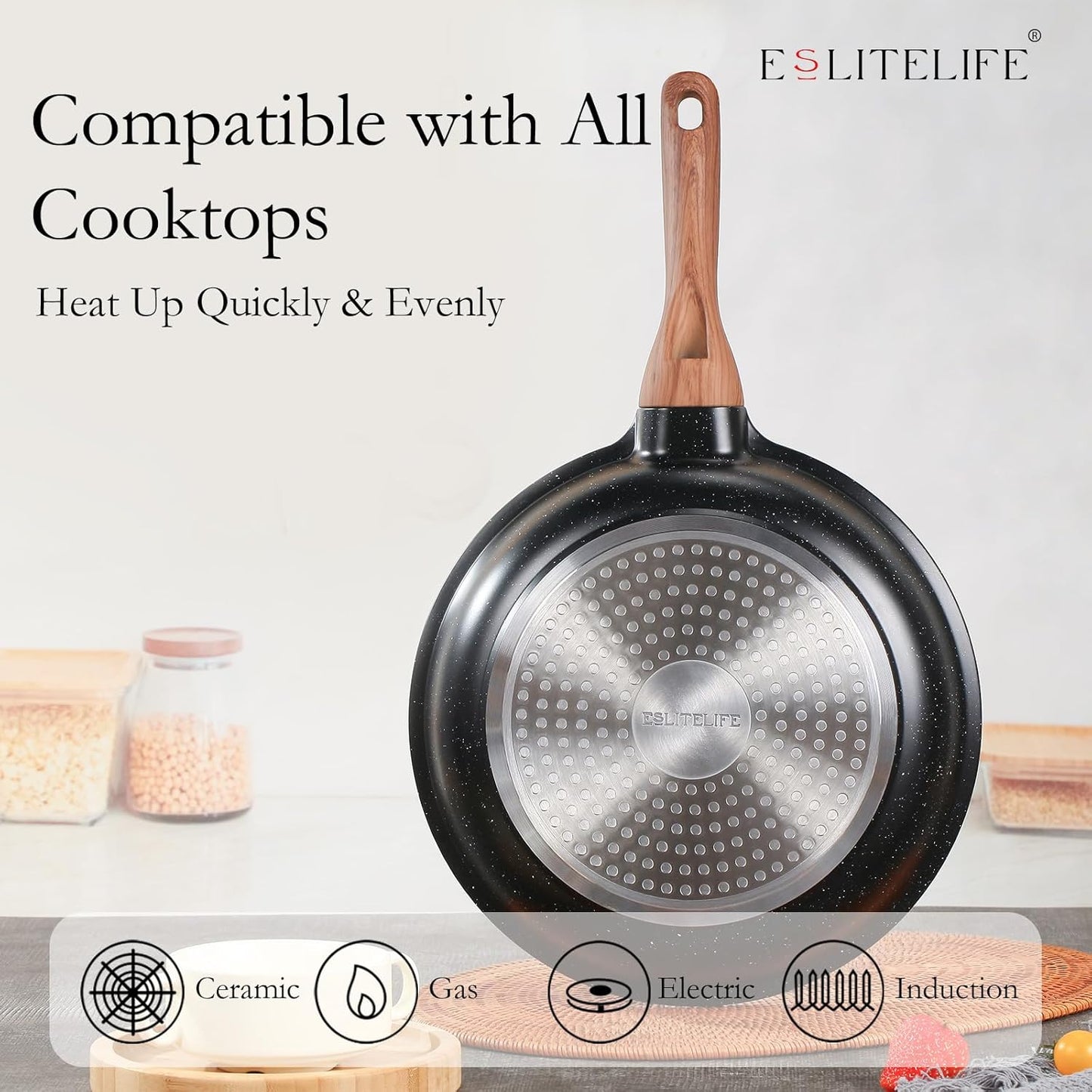 ESLITE LIFE Nonstick Ceramic Frying Pan Skillet with Lid, Non-Toxic Egg Omelette Kitchen Cooking Pans Compatible with All Stovetops (Gas, Electric & Induction), PTFE & PFOA Free (Black, 11" w/Lid)