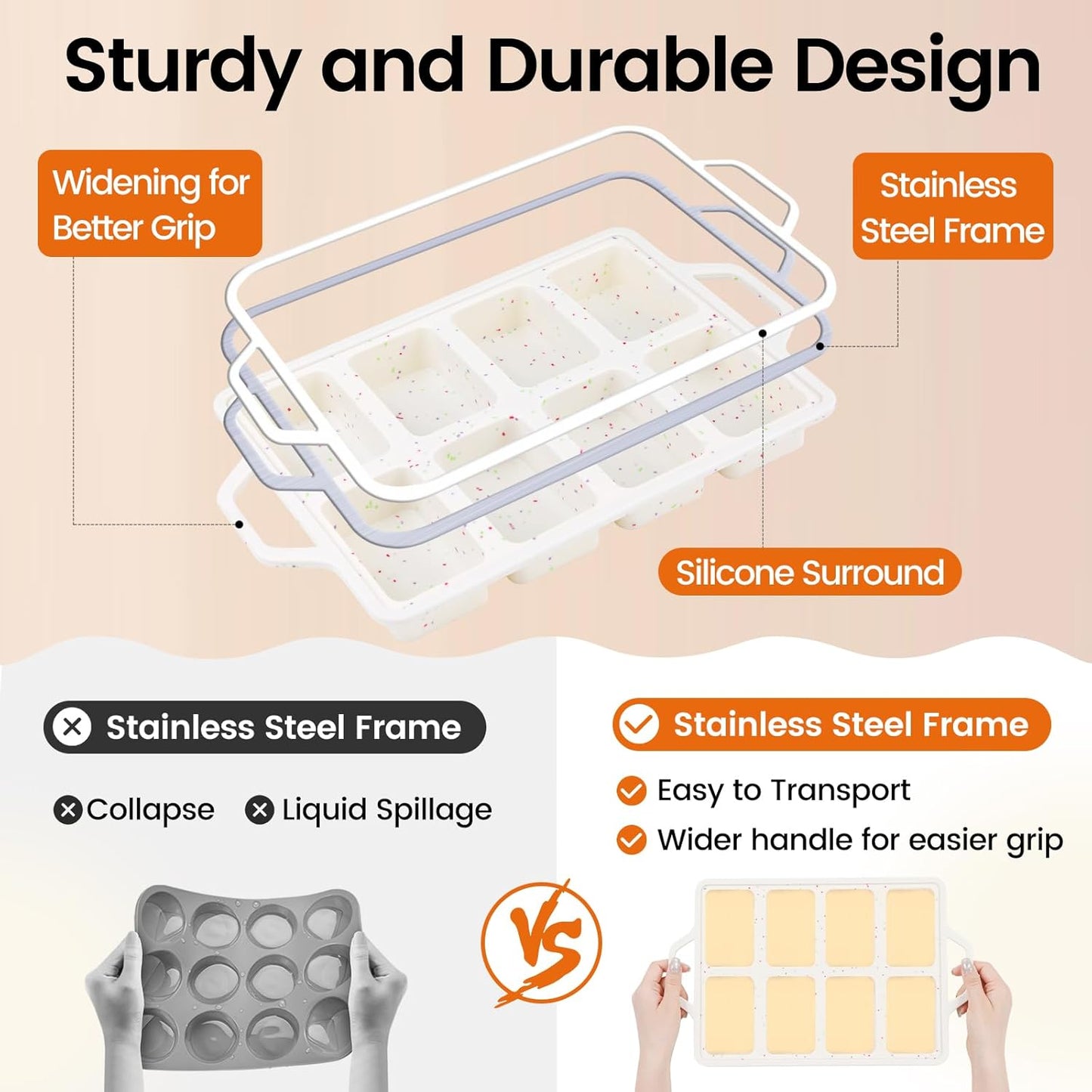SJ Silicone Mini Loaf Pans with Metal Reinforced Frame-2 Pack, Non-stick Silicone Mini Bread Loaf Pans for Baking 8-Cavity, Tiny Banana Bread Set, Dishwasher Safe Brownie Pan-Cream