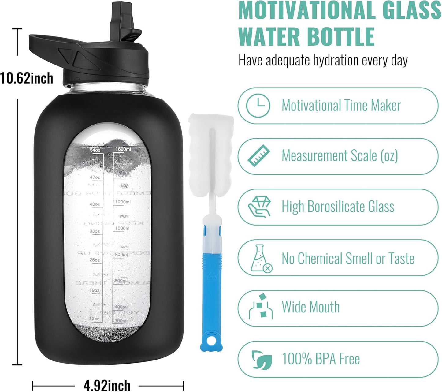 CIVAGO 64 oz Glass Water Bottle Jug with Straw and Handle, Half Gallon Sports Motivational Water Bottle with Time Marker, Wide Mouth Flask Canteen with Silicone Sleeve for Gym, Light Blue