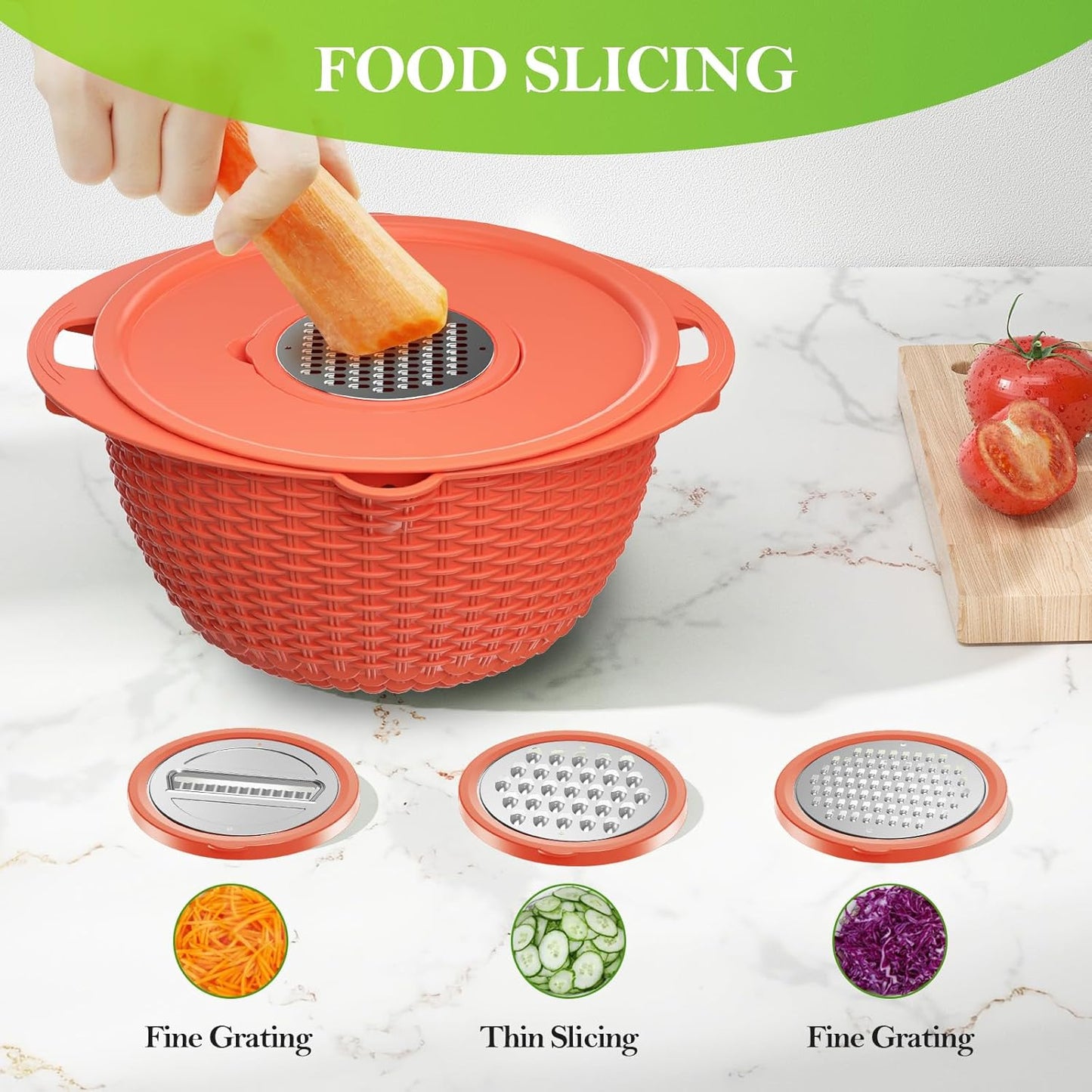 4-1 Colander with Bowl Set - Rotatable Strainers for Kitchen, Food Strainers and Colanders, Pasta Strainer, Rice Strainer, Fruit Cleaner, Veggie Wash, Kitchen Gadget Essentials - Orange