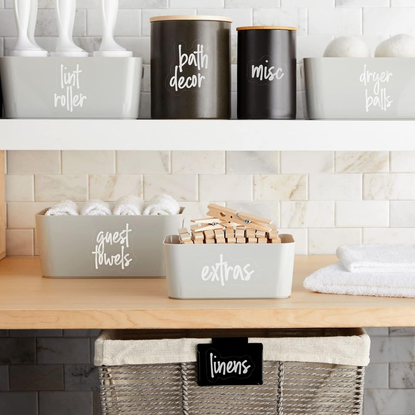 Talented Kitchen 141 Laundry Labels for Jars, Containers - Preprinted White Script Stickers for Linen Closet, Bathroom, Cleaning Supplies Organization, and Laundry Room (Water Resistant)