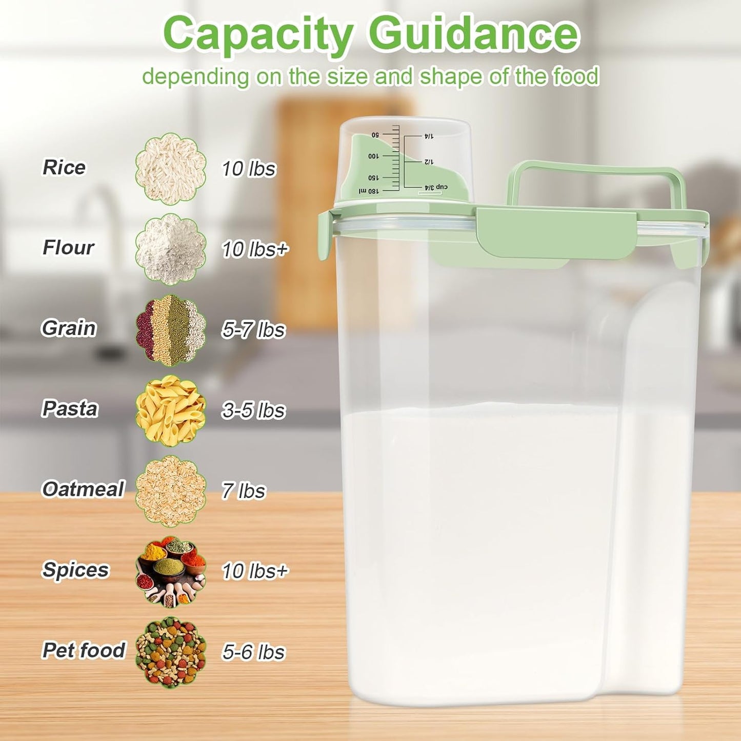 Rice Storage Container, Cereal Containers Storage, Dry Food Airtight Dispenser BPA Free, Clear Plastic Kitchen and Pantry Organization Bin (1, Avocado Green, 5.28Qt)