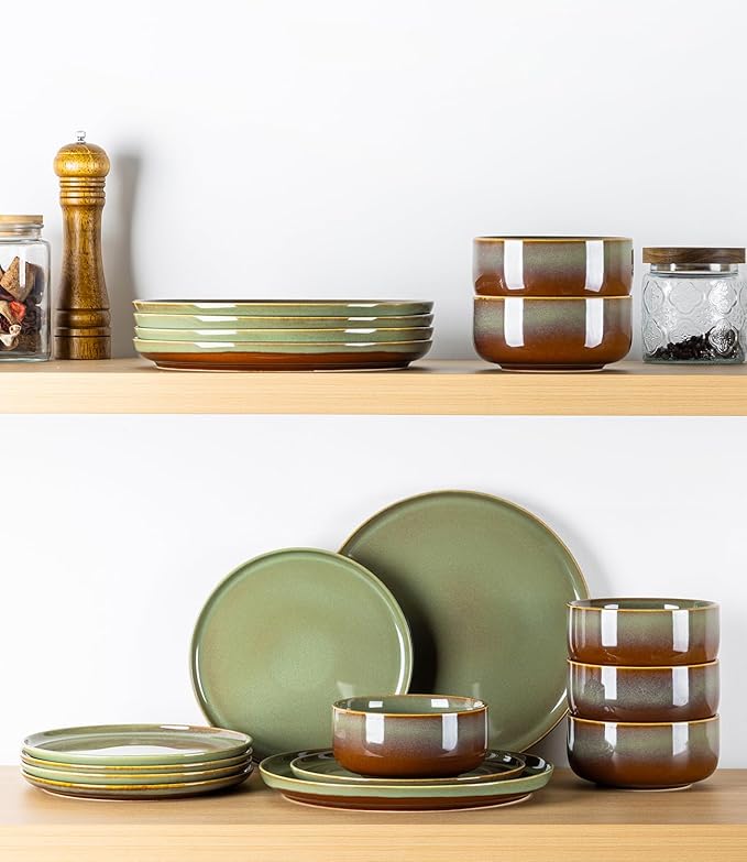 TheTerra Ceramic Dinnerware Sets for 4, 12 Pieces Handmade Reactive Glaze Plates and Bowls Set, Scratch Resistant Dish Set, Oven & Microwave & Dishwasher Safe, Sage Umber