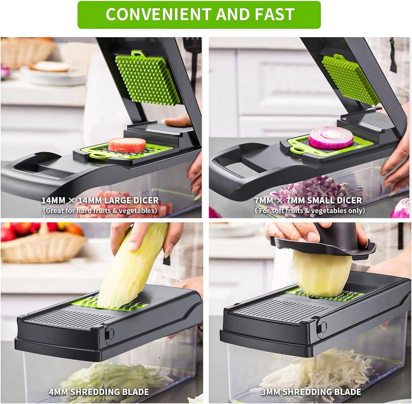 Vegetable Chopper Cutter Slicer Multifunctional 14-in-1 Food Veggie Salad Onion Chopper Cutter Dicer with Container, 8 Interchangable Blades, Hand Protector, Drain Strainer, Peeler, Brush