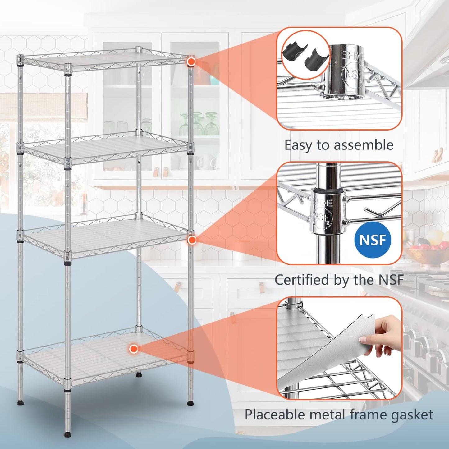 FDW 18L x 12W x 44H Wire Shelves with 4 PP Sheets Metal Shelf Storage Shelves 4 Tier Layer Storage Shelves for Laundry Bathroom Kitchen Garage,Chrome