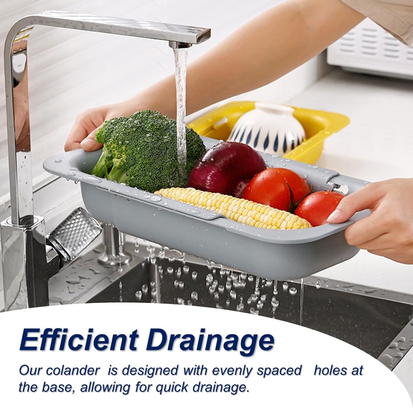 Extendable Sink Colander Strainer Basket - Wash Vegetables and Fruits, Drain Cooked Pasta and Dry Dishes - Adjustable Over the Sink Colander Collapsible Drainer Basket -Gray
