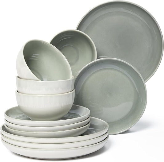 Stoneware Dinnerware Sets Service for 12, 36 pcs Reactive Glaze Plates and Bowls Sets, Handmade Ceramic Dish Set, Highly Chip and Crack Resistant Modern Plate Set, Gradient Green