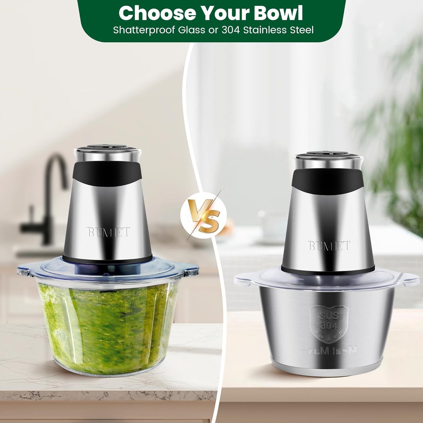 Electric food processor vegetable chopper 500W 2x8cup bowls 2 bi-layer 4 blades Small Food chopper Electric Meat grinder for home use,Mincing, and Puree for kitchen aid, baby foot, pet food by BUMET