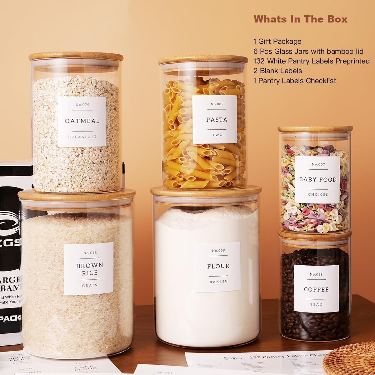 Set of 6 Glass Flour and Sugar jars with 132 Kitchen Pantry Labels - Thicken Large Glass Storage containers with Airtight Bamboo Lid - Glass Rice Canisters for Salt Coffee(100OZ/54OZ/27OZ)