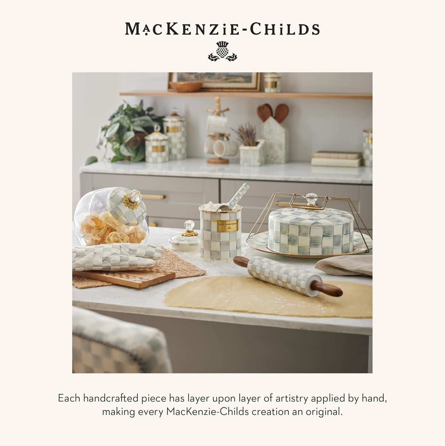 MACKENZIE-CHILDS Kitchen Pasta Spoon, Silicone Spaghetti Spoon, Gray-and-White Sterling Check
