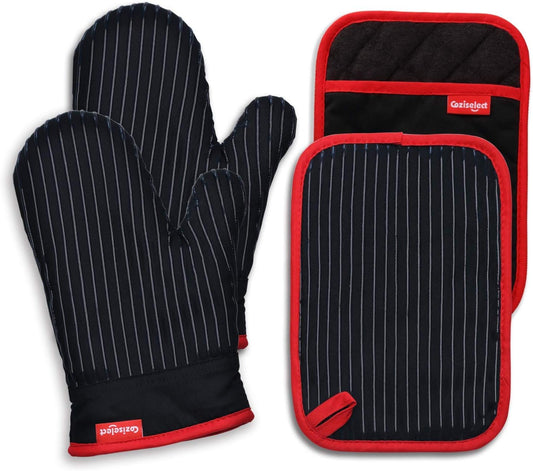 Oven Mitts and Pot Holders Set, Cooking Mitts, Heat Resistant Cooking Mitts and Pot Holders, Silicon Oven Gloves Set for Kitchen, Pure Cotton and Terrycloth Lining, Black, 4 Pcs Set
