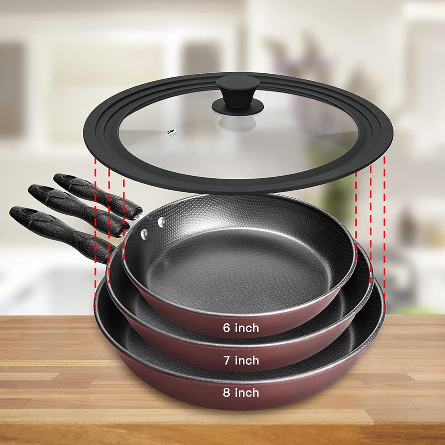 Universal Lid for Pots, Pans and Skillets Vented Tempered Glass with Heat Resistant Silicone Rim, Fits 6 inch, 7 inch, 8 inch Cookware, Replacement Lid, Black