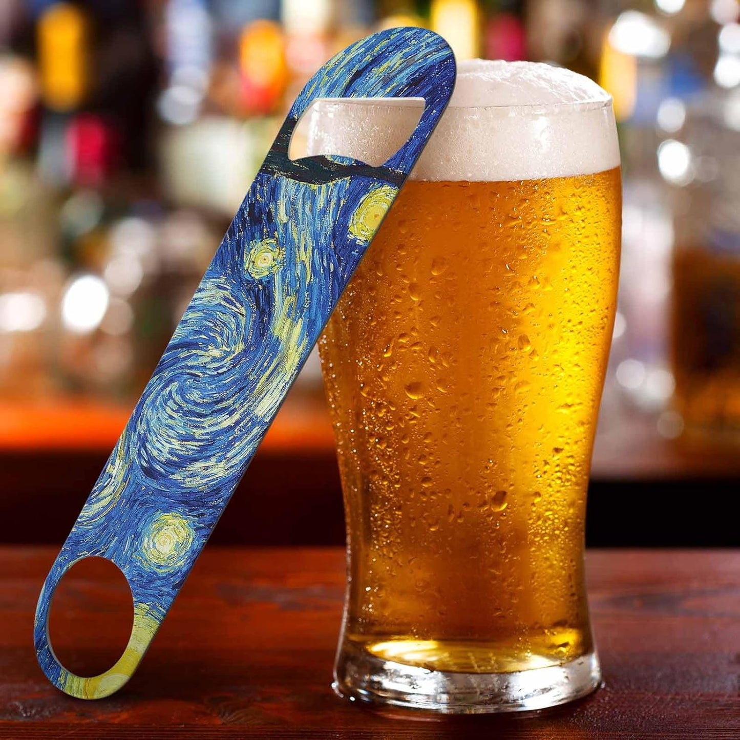 Starry Night Stainless Steel Bottle Opener Van Gogh Oil Panting Art Classic Vivid Star Cloud Universe Creative Flat Beer Bottle Opener Keychain for Home Kitchen Bar Restaurant Party Gift