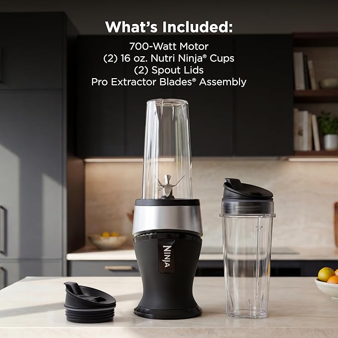 Ninja Fit Compact Personal Blender, Portable Blender for-Smoothies, Shakes, Food Prep, and Frozen Blending, 700-Watt Base, (2) 16-oz. Cups and Spout Lids, Black QB3001SS