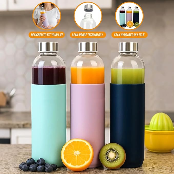 32 oz Glass Juice Bottles with Lids and Silicone Sleeve, Reusable Refillable Water Bottles for Juicing, Refrigerator,100% Leak Proof, BPA Free, Clear Glass Set of 3