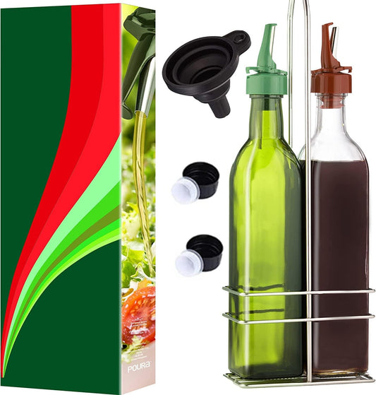 Poura Vinegar and Olive Oil Bottle Drizzler Set with Unique ClickSeal Pour Spouts | Glass Oil & Vinegar Dispenser Bottles for Cooking Kitchen Dining | Hygienic Covers + Silicone Decanter Funnel 500ml