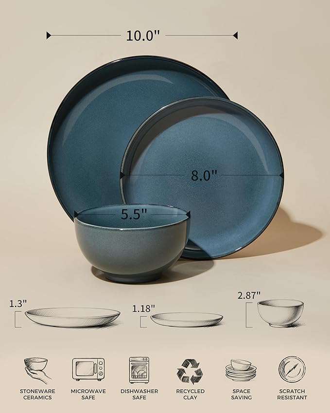 24 Piece Dinnerware Set for 8, Santorini Mist Terracotta Plates and Bowls Sets, Complete Stoneware Dish Set for Large Families and Entertaining, Microwave & Dishwasher Safe, Jeans Blue