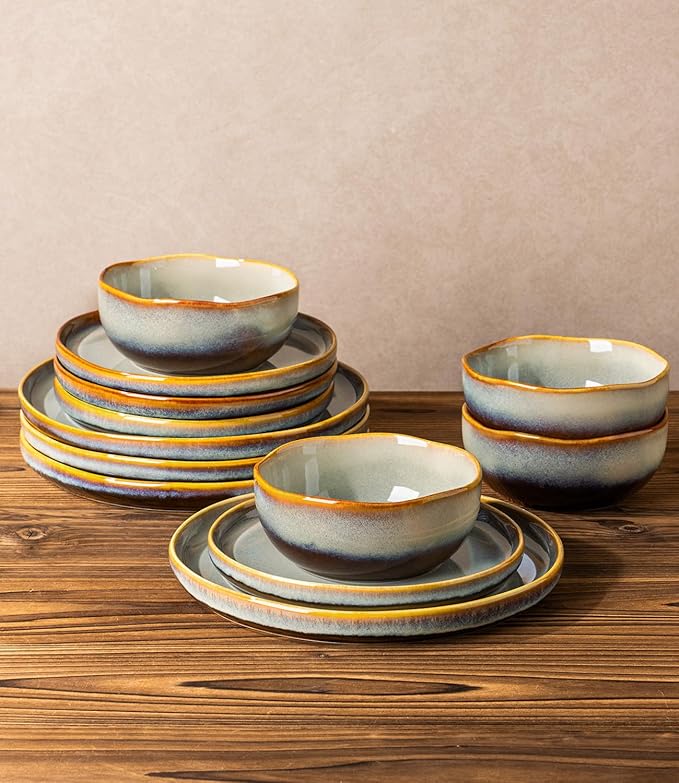 TheTerra Ceramic Dinnerware Sets for 6, 18 Pieces Handmade Reactive Glaze Plates and Bowls Sets, Scratch Resistant Dish Set, Oven & Microwave & Dishwasher Safe, Brown Blue