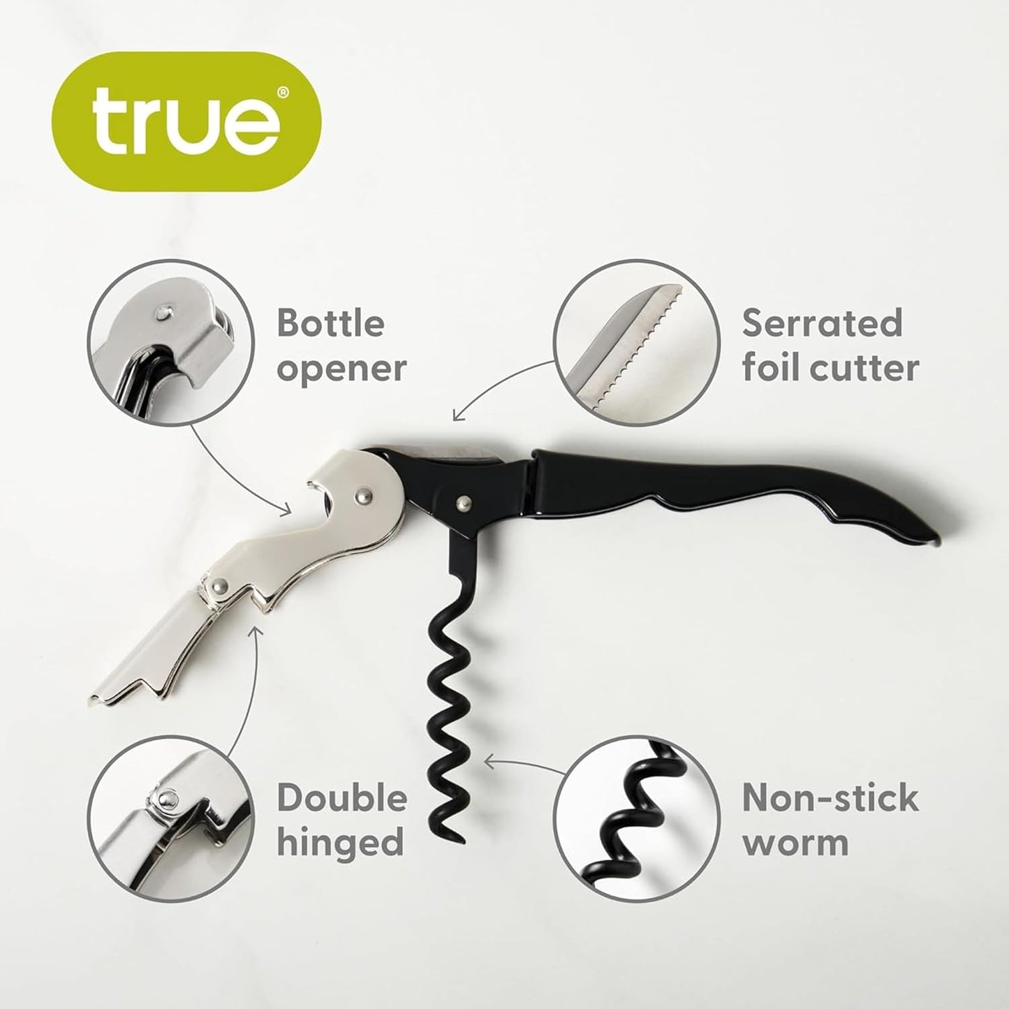 True Brands TrueTap Double Hinged Waiters Corkscrew, Top-notch Stainless Steel Opener with Foil Cutter Built to Last Wine Key Black Blue, Set of 1