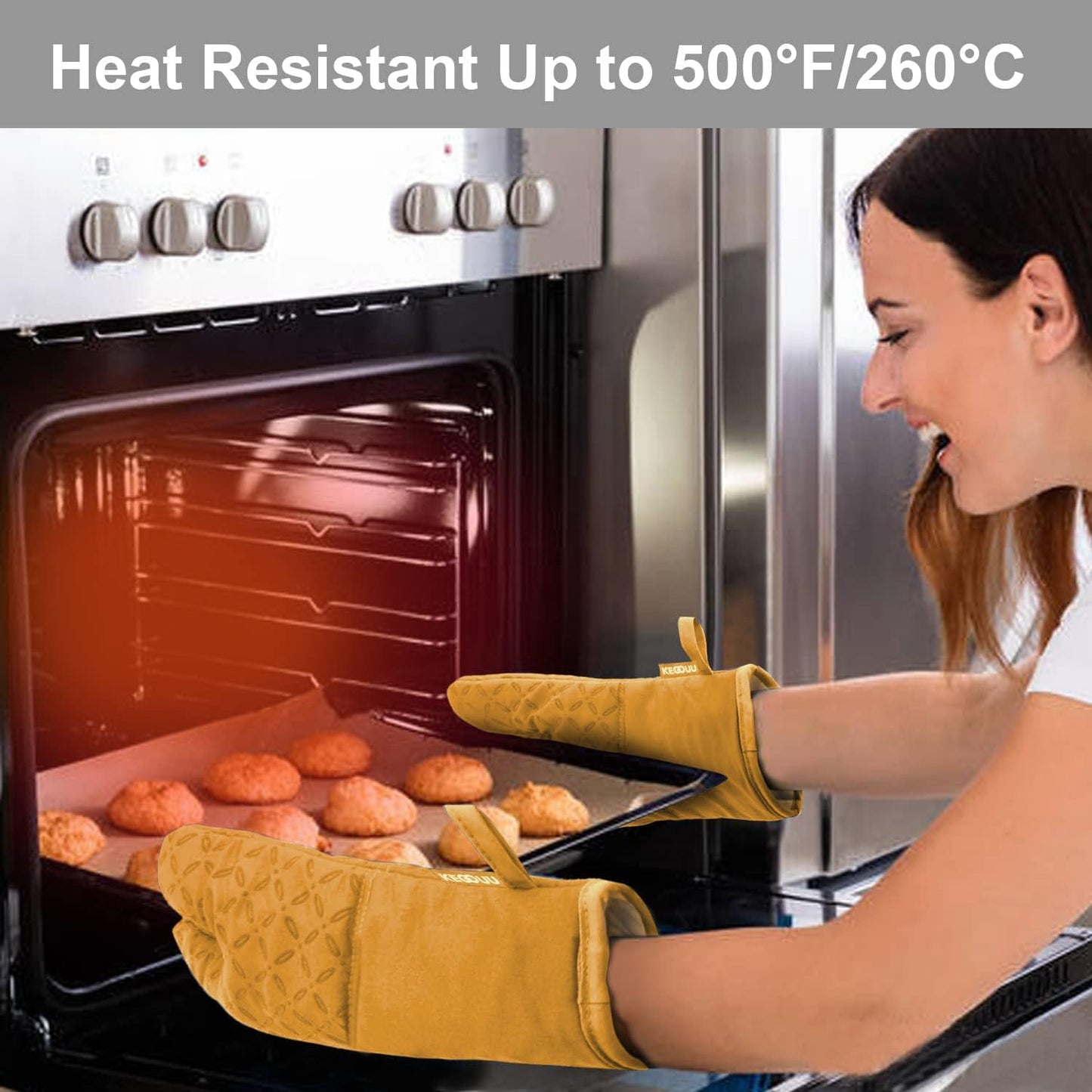 KEGOUU Oven Mitts and Pot Holders 6pcs Set, Kitchen Oven Glove High Heat Resistant 500 Degree Extra Long Oven Mitts and Potholder with Non-Slip Silicone Surface for Cooking （Orange）