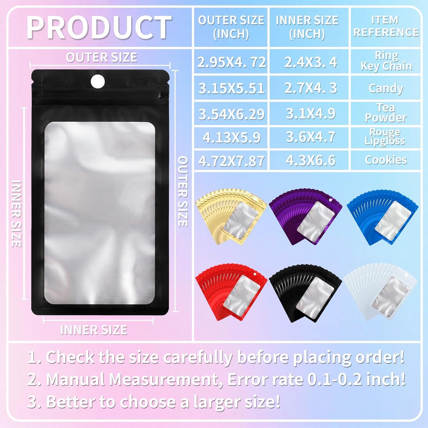 200 Pack Resealable Mylar Holographic Bags Food Storage Smell Proof Bags with Front Window Foil Packaging Pouch for Candy Sample Jewelry Small Business 4.72×7.87 Inch, Purple