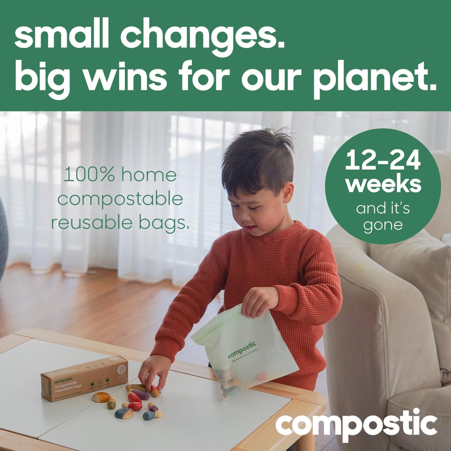 Home Compostable Resealable Snack Bags (6"x 3.5"), Microwave & Freezer Safe, Organic Food Storage Container, 100 Count (Pack of 2)