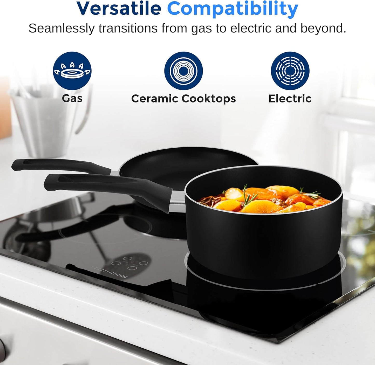 15-Piece Nonstick Kitchen Cookware Set - PTFE/PFOA/PFOS Free Heat Resistant Lacquer Kitchen Ware Pots Pan Set w/Bakelite Handles, Saucepan, Frying Pans, See-through Lid - SereneLife SLCW15BLK (Black)