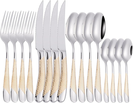 16 Piece Silverware Set,Stainless Steel Flatware Set Spoon and Fork Set for 4,Kitchen Utensil Cutlery Set Mirror Finish Dishwasher Safe Gift Package (gold)