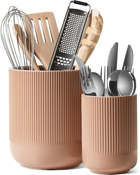 LE TAUCI Utensil Holder, 7.3"+5.4" Ceramic Kitchen Utensil Holder for Countertop, Large Cooking Utensil Crocks for Kitchen Counter, Morden Utensil Organizer for Spatula, Set of 2, Dusty Pink
