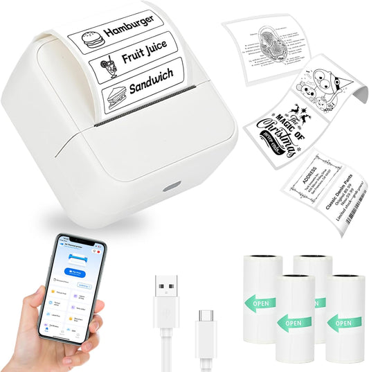 Sticker Printer, Thermal Label Maker Mini Sticker Maker with 4 Roll Paper Bluetooth Inkless Sticker Maker Machine for Home, Office, School, DIY Creations, Sticky Scrapbook, Lists