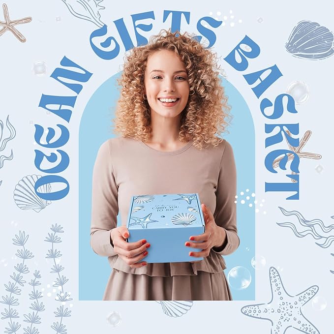 Gifts for Women, 8pcs Ocean Happy Birthday Gifts for Women, Christmas Ideas Inspirational Get Well Soon Gift Baskets Mothers Day Box w/ Seashell Tote Bag for Her Mom Sister Friend Friendship