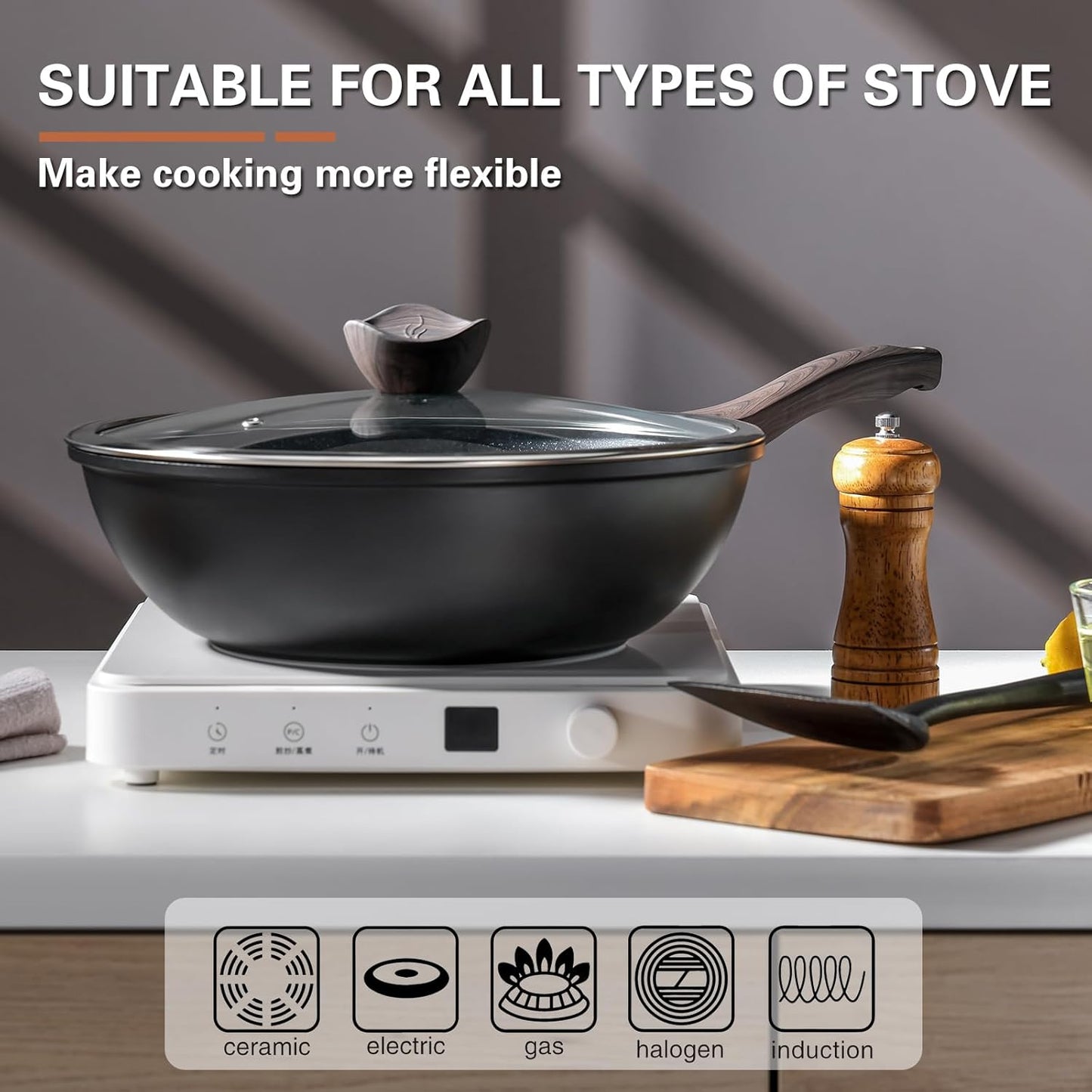 Nonstick Wok with Lid, 12 Inch Woks & Stir-fry Pans, Granite Stone Coating for Cooking, Induction Cookware, Compatible with All Stovetops, PFOA Free