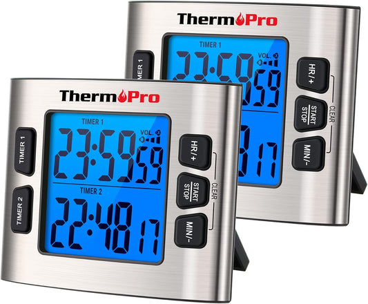 ThermoPro TM02 Digital Kitchen Timer - Dual Countdown Function with Magnetic Backing, Adjustable Alarm & Backlit LCD Display, Ideal for Cooking, Baking and as 24-Hour Shower Clock for Kids