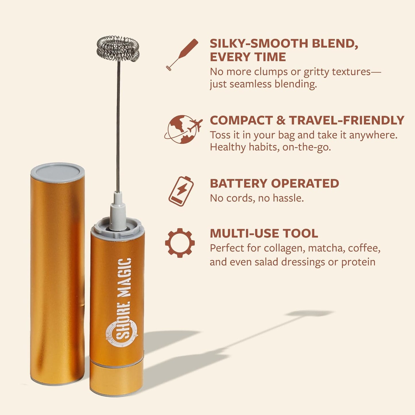 Premium Frother, High-Powered Handheld Whisker, Stainless Steel Mini-Blender for Homemade Lattes & Cappuccinos, Battery Operated Premium Frother, One Piece