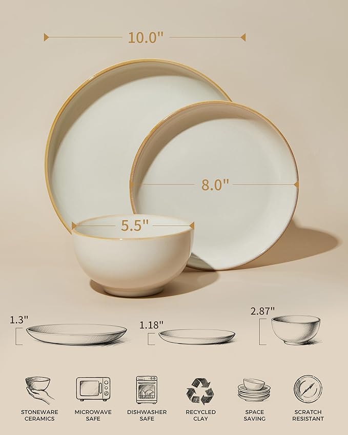 Stoneware Dinnerware Sets, Ceramic Plates and Bowls Set, Microwave & Dishwasher Safe Kitchen Dishes, Modern Dinner Salad Plates | Cereal Bowls, Dishware Sets Service for 4 Yellow White