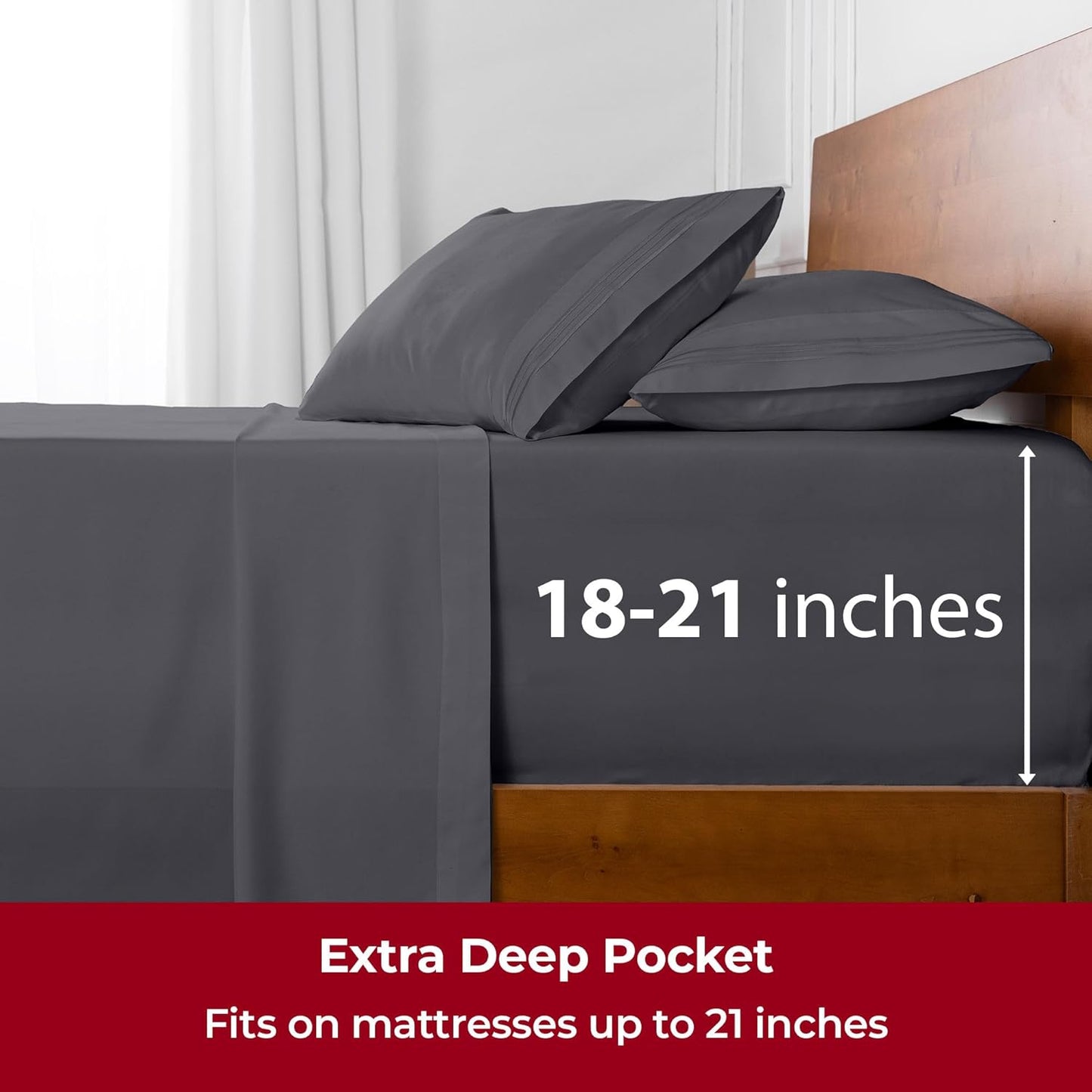 Mellanni Extra Deep Split King Sheets - 5 PC Iconic Collection Bedding - Hotel Luxury, Ultra Soft, Cooling Bed Sheets - Wrinkle, Fade, Stain Resistant (Split King, Gray)