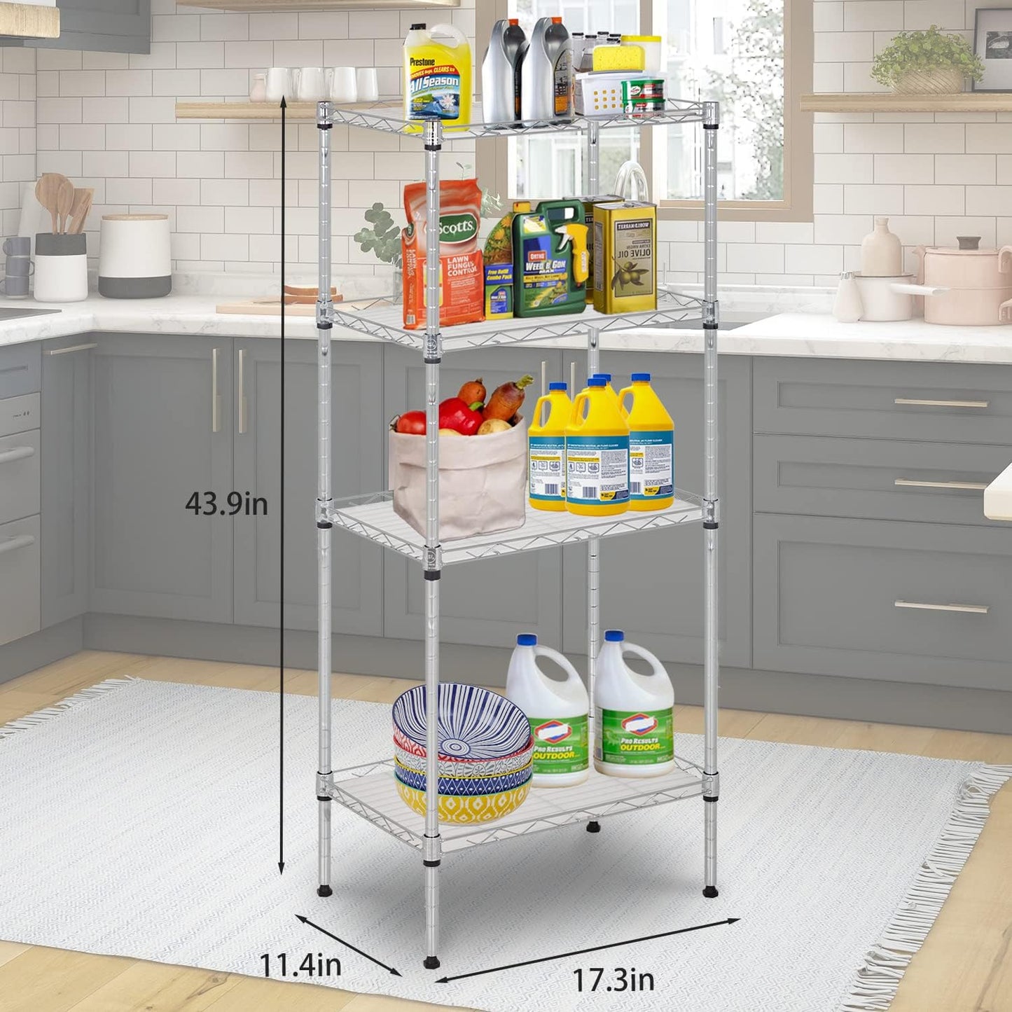 FDW 18L x 12W x 44H Wire Shelves with 4 PP Sheets Metal Shelf Storage Shelves 4 Tier Layer Storage Shelves for Laundry Bathroom Kitchen Garage,Chrome