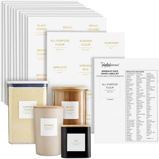 Talented Kitchen Labels for Storage Bins & Food Containers - 2.5 x 2.5-Inch Matte White Vinyl Squares - Metallic Gold Text Peel & Stick - Water-Resistant for Jars & Pantry Organization