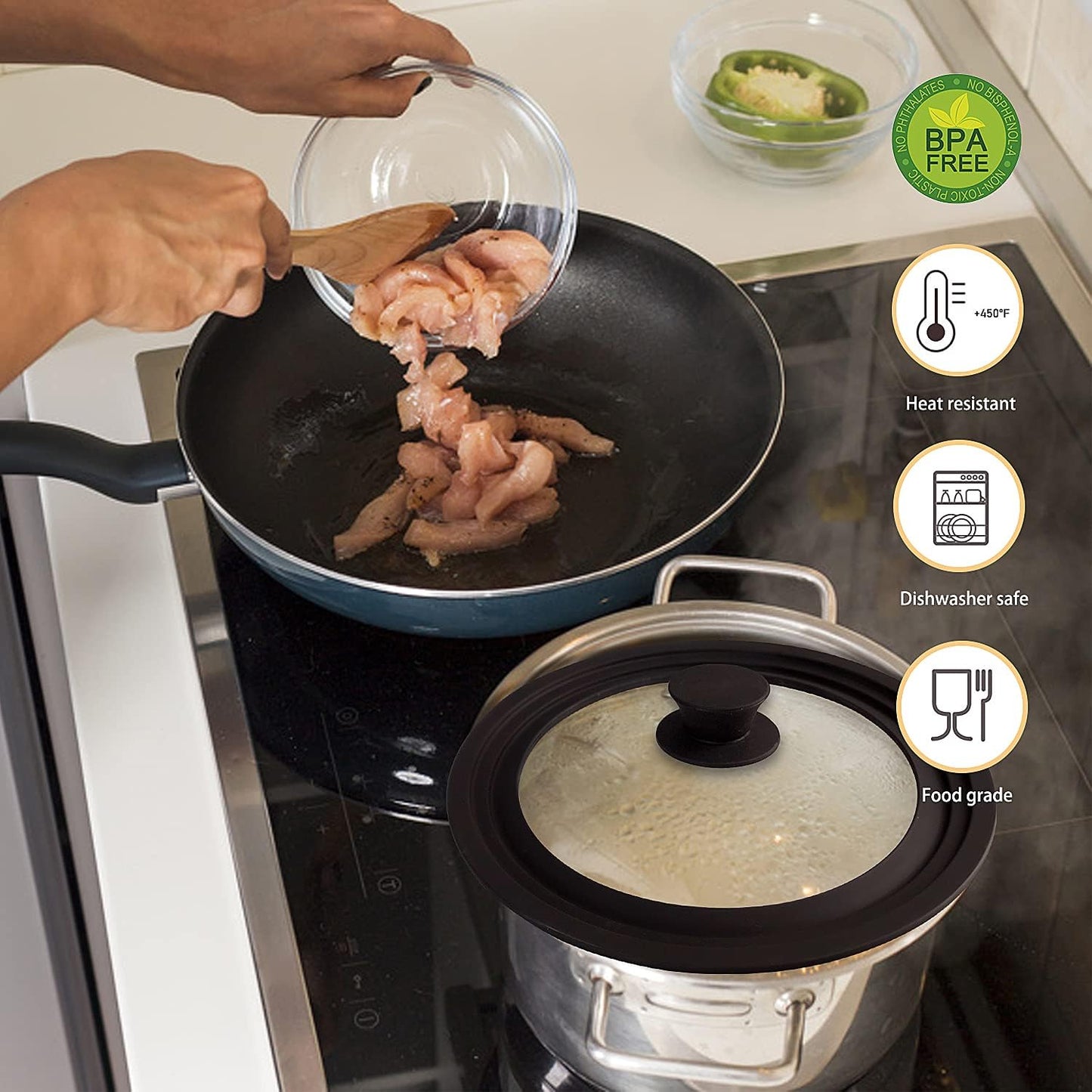Universal Lid for Pots, Pans and Skillets, Pot Lid With Heat Resistant Silicone Rim and Tempered Glass,Fits 6.5", 7", 8" Diameter Pots and Pans