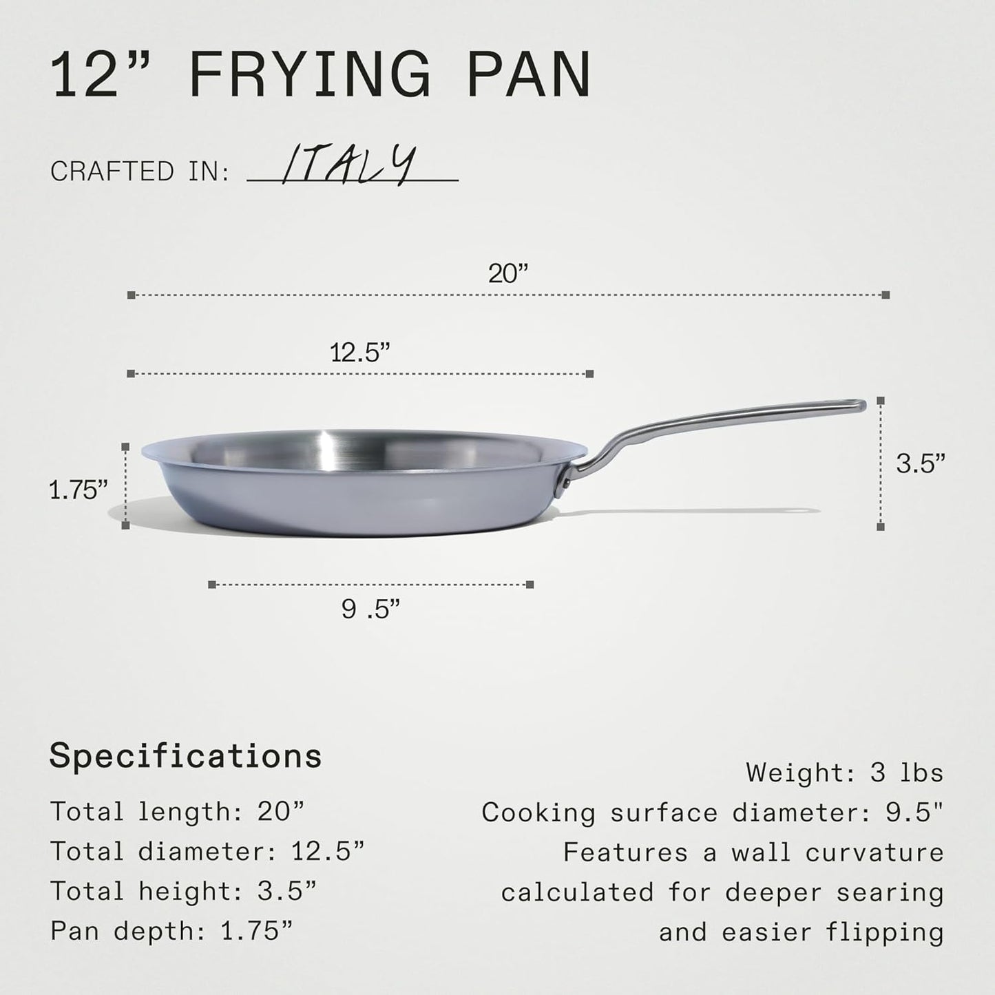 Made In Cookware - 12-Inch Stainless Steel Frying Pan With Lid - 5 Ply Stainless Clad - Professional Cookware - Crafted in Italy - Induction Compatible