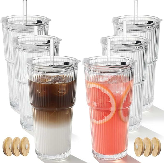 Ruckae 20oz Glass Bottles with Lids,Glass Cups with Lids and Straws,Water Bottle Drinking Glasses for Coffee,Smoothies,Tea,Juice (6, Transparent)