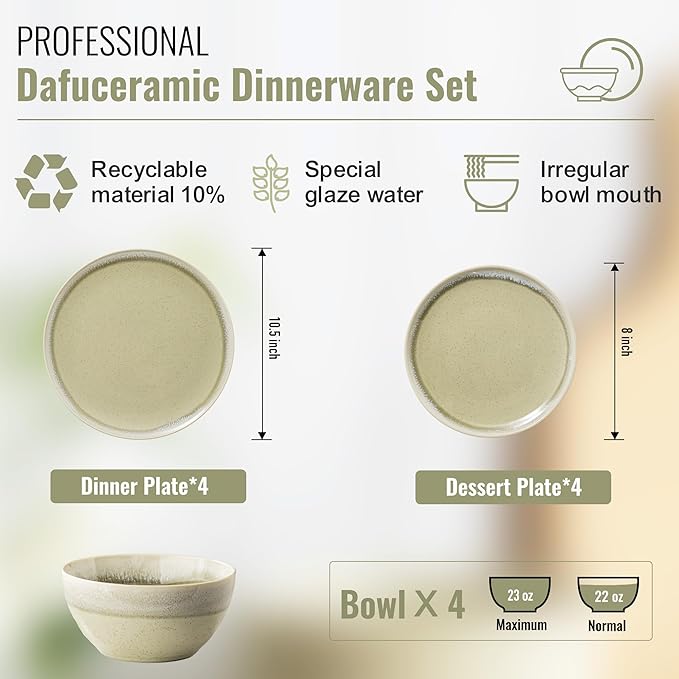 Plates and Bowls Sets, 12 Pieces Grass Green Dinnerware Sets for Kitchen, Reactive Glaze Dishes Set for 4, Dishwasher and Microwave Safe, Series Starflecked Shore (Grass Green)