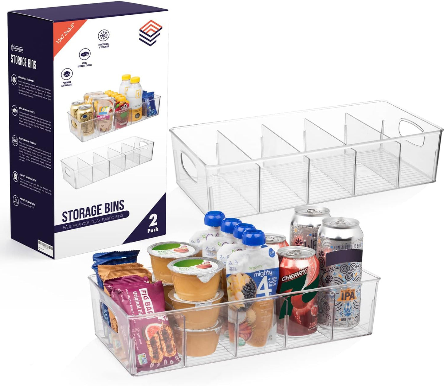 ClearSpace Plastic Pantry Organization and Storage Bins with Removable Dividers – 2 Pack XL Perfect Kitchen Organization or Kitchen Storage – Refrigerator Organizer Bins, Cabinet Organizers