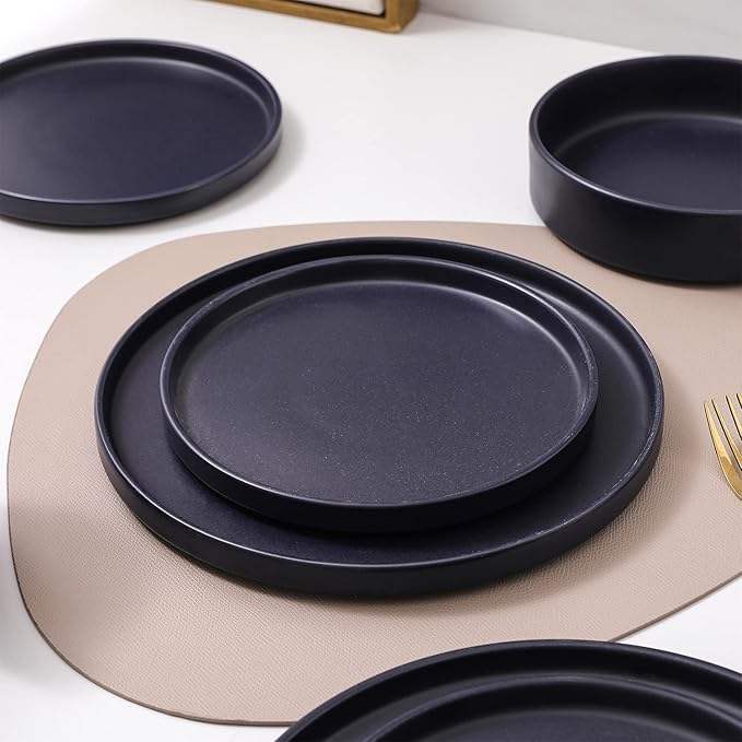 Stone Lain Cleo Stoneware 32-Piece Modern Dinnerware Set, Plates and Bowls, Dark Blue, Service for 8, Microwave & Dishwasher Safe
